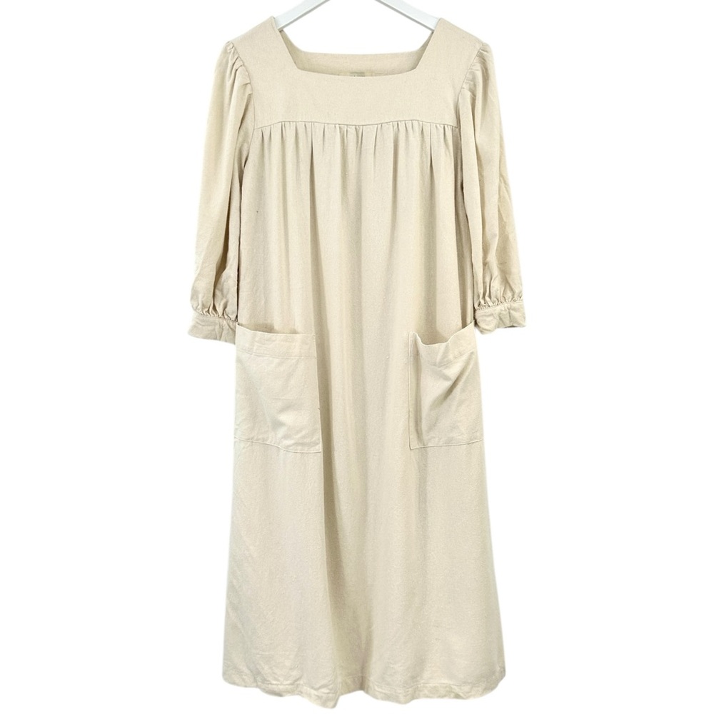 Na Nin Eunice Raw Silk MuuMuu - Cream White Puff Sleeve Relaxed Fit Midi Dress - Picture 3 of 10